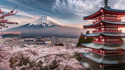 A panoramic view of Mount Fuji towering above a sea of cherry blossoms in full bloom, creating a stunning contrast of natural colors and textures.