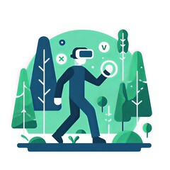 A flat illustration of a person in a VR headset, exploring a stylized virtual forest.