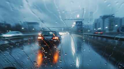 A dynamic scene captured in a blur, showing a car driving fast on a bridge under stormy conditions