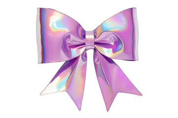 Cute 3D bow on a transparent background. Holographic sparkling element in Y2K style. Liquid chrome, pink vintage girly accessory, icon.