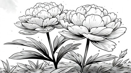   A black-and-white sketch of two blossoms amidst green plants, against a blue backdrop