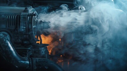 A close-up of a car engine overheating, with smoke emanating from under the hood, highlighting mechanical failure.


