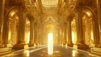 Obraz premium In a stunning digital illustration, a castle made of gold shines with radiance. Celestial castle with gold-adorned pillars in fairytale style.