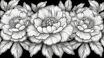   A black and white sketch of three big blossoms with foliage on their sides, and a tiny bloom opposite them