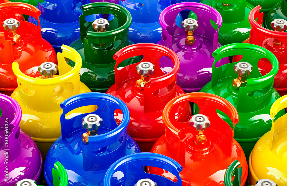 Poster background from colored gas cylinders with compressed gas, top view. 3d rendering