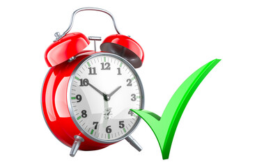 Alarm clock with green check mark, 3D rendering isolated on transparent background