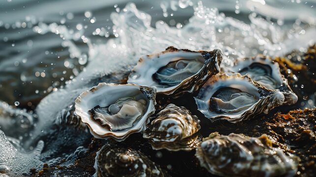 half shell oysters on rocks with ocean splashing around, national day