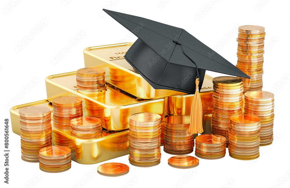 Poster gold bars and golden coins with graduation hat. 3d rendering isolated on transparent background