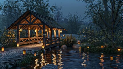 Obraz premium A peaceful countryside setting with a rustic covered bridge illuminated by warm lanterns, inviting travelers to cross over and explore the scenic landscape.