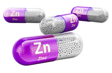 Zinc Capsules, Zn dietary supplement. 3D rendering isolated on transparent background