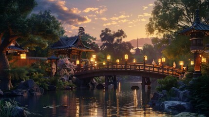 A peaceful riverside scene with a wooden bridge softly lit by lanterns, leading to a tranquil park where families gather for evening strolls and picnics.