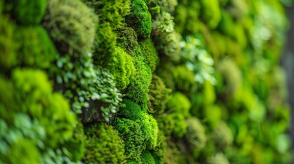 A close-up view of a wall surface densely covered with green moss