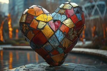 An abstract depiction of the heart, constructed from fragmented geometric shapes, serves as an ideal symbol for conceptual cardiology art.