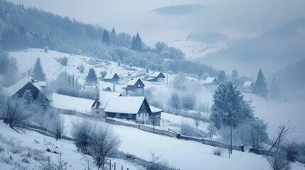 A foggy winter morning in the Carpathian countryside, featuring snow-covered hills under a stormy sky