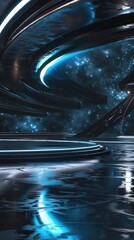 futuristic stage design concept with blue lights and dark background, nice vibrant luminosity and environment