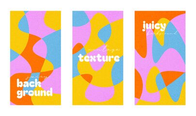 Simple vintage concept of summer bright and juicy backgrounds set. Retro geometric abstract art design with liquid shapes with overlay effect. Vector textured illustration.