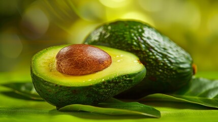 A close-up image of a fresh tropical avocado, showcasing its rich green texture and creamy inside