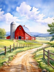 Obraz premium Watercolor countryside rural village landscape painting. Farm with red barn on field. the sun setting behind house, soft colors, delicate watercolor