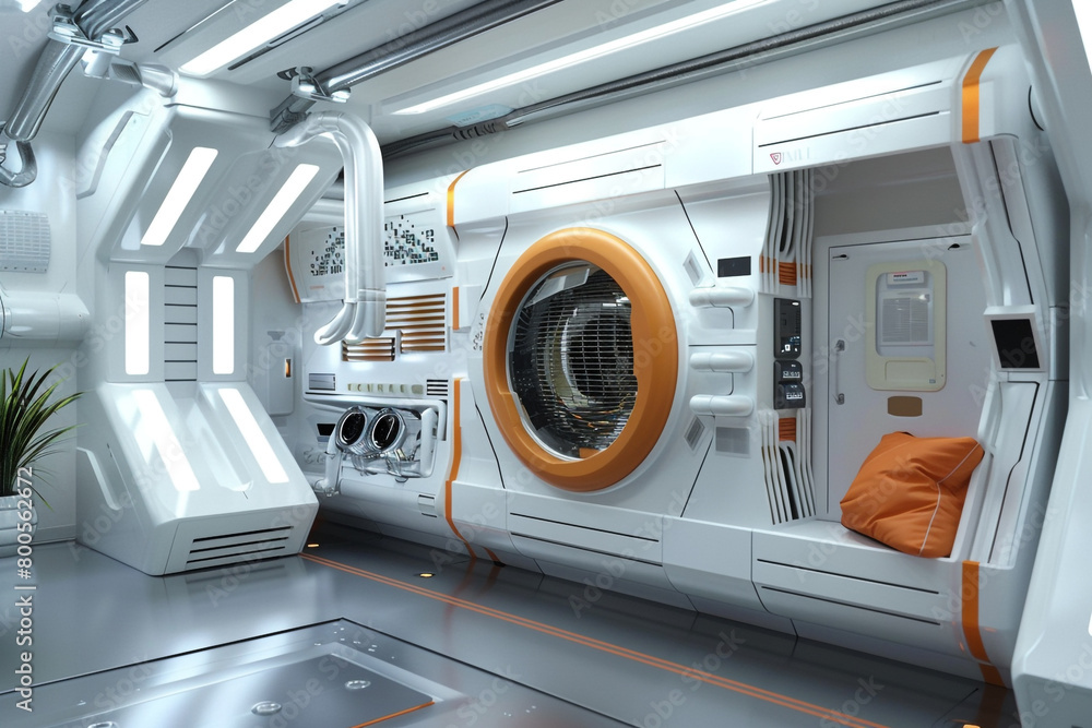 Poster a condenser unit designed for space habitats, featuring radiation cooling systems and anti-gravity s
