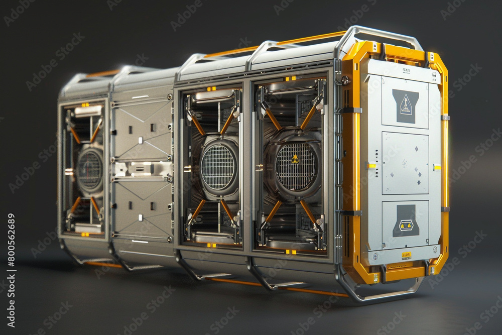 Poster a condenser unit designed for space habitats, featuring radiation cooling systems and anti-gravity s