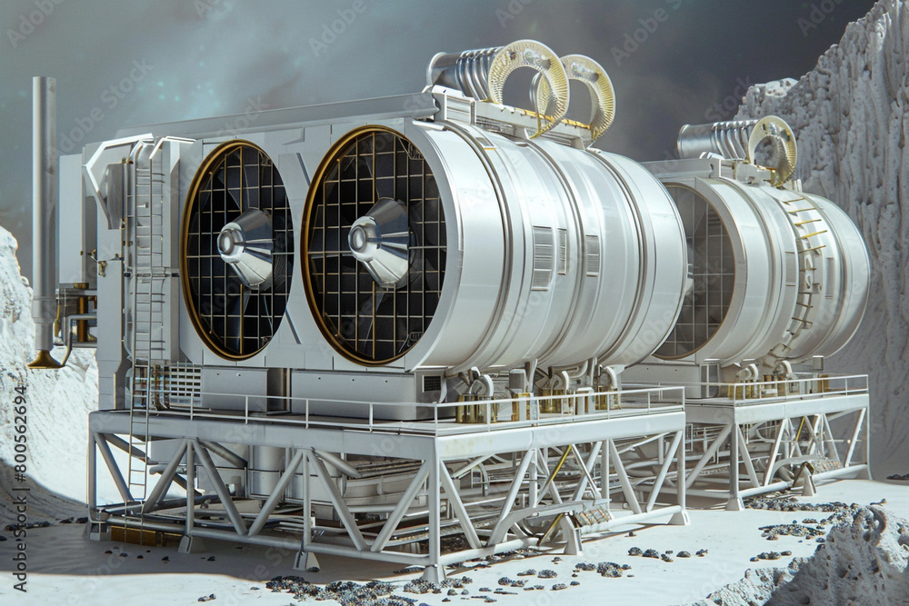 Poster a condenser unit designed for space habitats, featuring radiation cooling systems and anti-gravity s