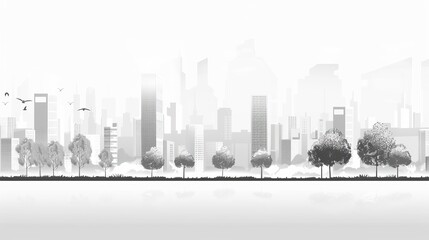 A composed view of a light gray cityscape, featuring sleek city buildings with interspersed green trees