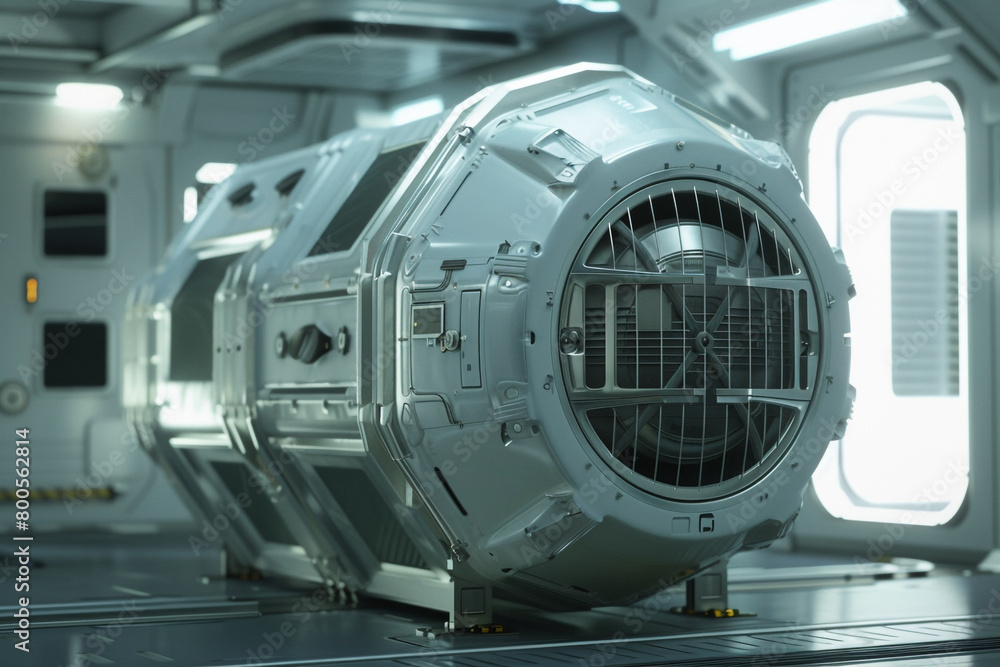 Poster a condenser unit designed for space habitats, featuring radiation cooling systems and anti-gravity s