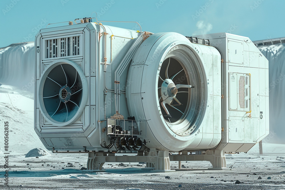 Poster a condenser unit designed for space habitats, featuring radiation cooling systems and anti-gravity s