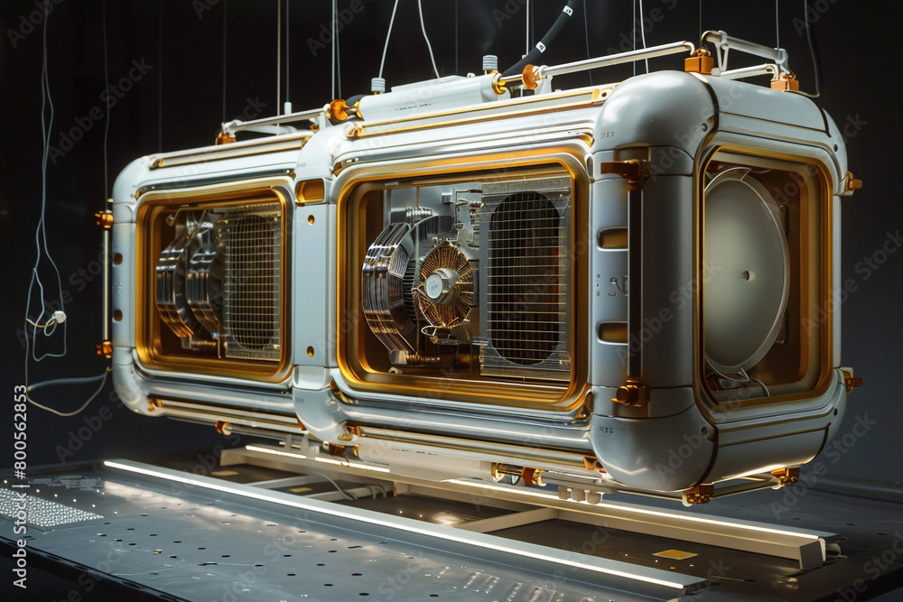 Poster a condenser unit designed for space habitats, featuring radiation cooling systems and anti-gravity s