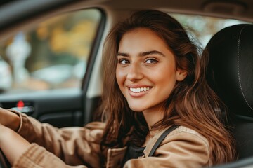Beautiful young woman driving a car in the city on a sunny day