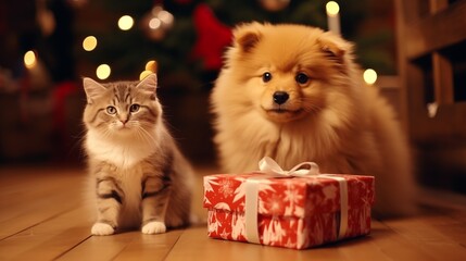 Fototapeta na wymiar Cute cat and dog puppy with christmas gift boxes on wooden floor, Christmas concept.