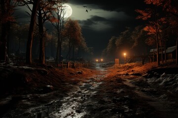 A spooky, dark path in a forest at night. The sky is lit by a full moon, casting a eerie glow over the scene. The path is muddy and surrounded by trees, with a few leaves scattered about. A few birds 
