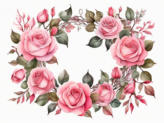 watercolor painting realistic love wreath of pink rose branches and leaves on white background Clipping path included