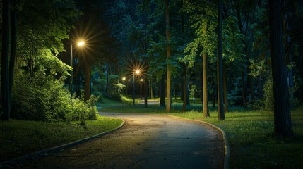 Obraz premium A serene nighttime scene in a national park, featuring a curvy asphalt footpath illuminated by a street lamp