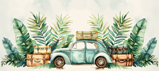 watercolor illustration of vintage green car with suitcases on the background of palm trees, travel concept, summer time, holiday and vacation, relaxation