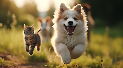 Cute funny dog and cat group jumps and running and happily a field blurred background.