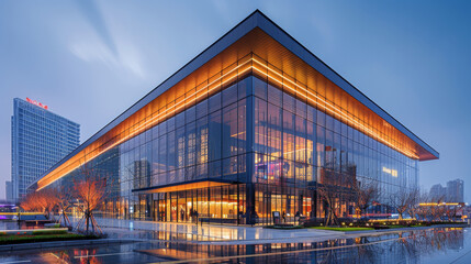 Obraz premium Exterior of futuristic ultra-modern office business center. Contemporary architecture, characterized by sleek lines, geometric shapes, innovation, and metallic surfaces. Architectural design concept.