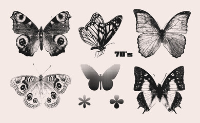 Butterflies halftone collage elements set with grunge photocopy texture. Trendy vintage retro monochrome summer vector illustration.