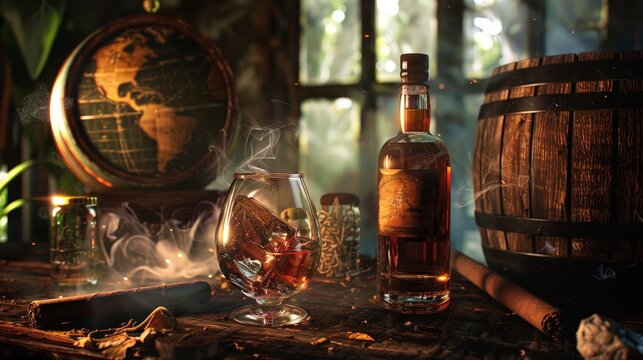 a glass of rum a table with a cigar, world rum day  