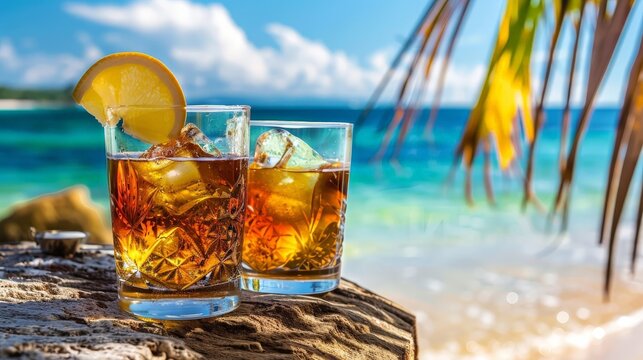 a glass of rum on the beach, ocean, palm trees and sunset, world rum day - Powered by Adobe