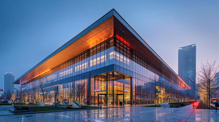 Naklejka premium Exterior of futuristic ultra-modern office business center. Contemporary architecture, characterized by sleek lines, geometric shapes, innovation, and metallic surfaces. Architectural design concept.
