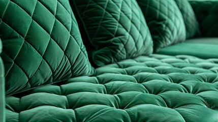 Fototapeta premium A soft, vintage sofa upholstered in green velor, featuring a quilted seat and back with elegantly stitched cushions.