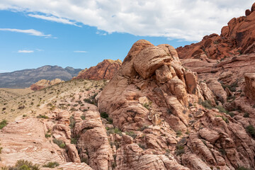 Fototapeta premium Scenic view of Aztec sandstone slickrock outcrop on the Calico Hills Tank Trail, Red Rock Canyon National Conservation Area in Mojave Desert near Las Vegas, Nevada, United States, USA. Rock climbing