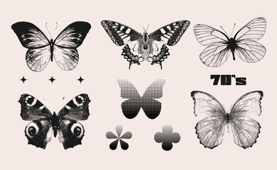 Photocopy butterfly halftone collage elements set with grunge punk dotted texture. Trendy modern retro vector illustration isolated on transparent background. Retro aesthetics