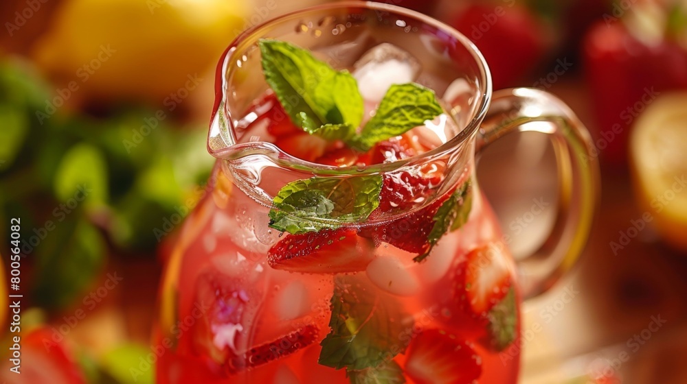 Poster a refreshing pitcher of strawberry lemonade garnished with fresh mint leaves, offering a thirst-quen