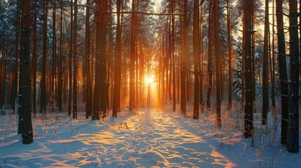 A serene sunset scene in the woods during winter, with sunlight streaming through the bare tree strains.

