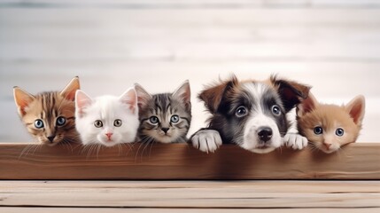 Cute puppies and kittens peek behind a wooden banner with empty space for text or product placement. The concept of an advertising poster for a pet store or veterinary clinic.