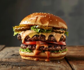 Stack of beef patties with melting cheese, vegetables, and sauce in a sesame seed bun