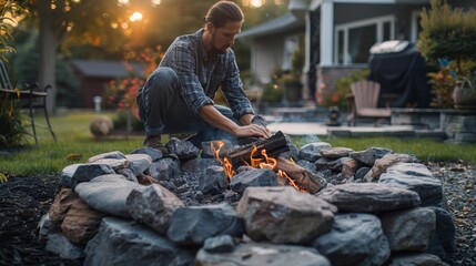 A man building a backyard fire pit for outdoor gatherings and cozy evenings, stacking stones and arranging seating.