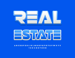 Vector modern icon Real Estate. Trendy Blue Font. Unique Alphabet Letters and Numbers set.